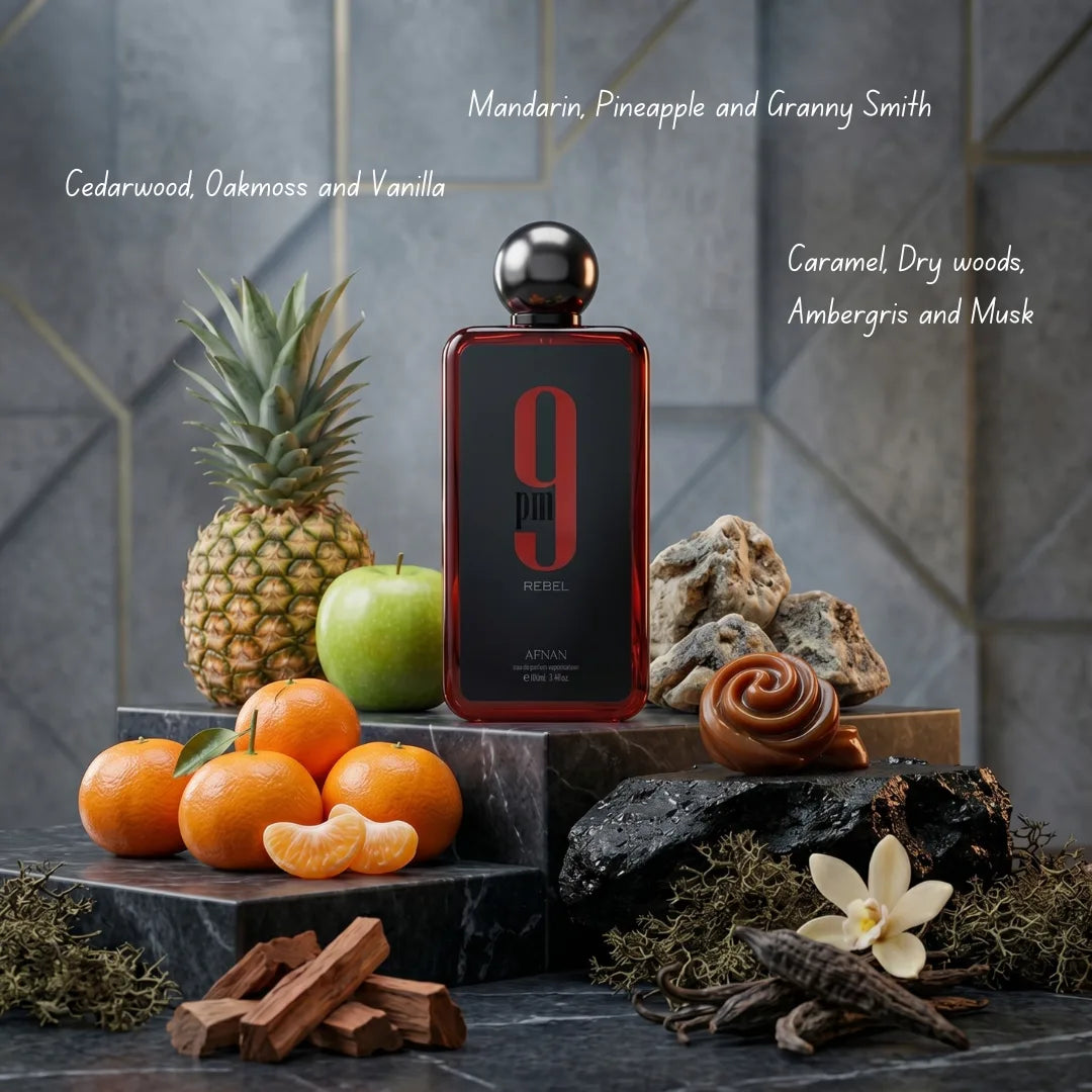 Afnan 9PM Rebel Night Out Eau De Parfum spray bottle from the collection, 100ml, featuring elegant packaging and perfume design.