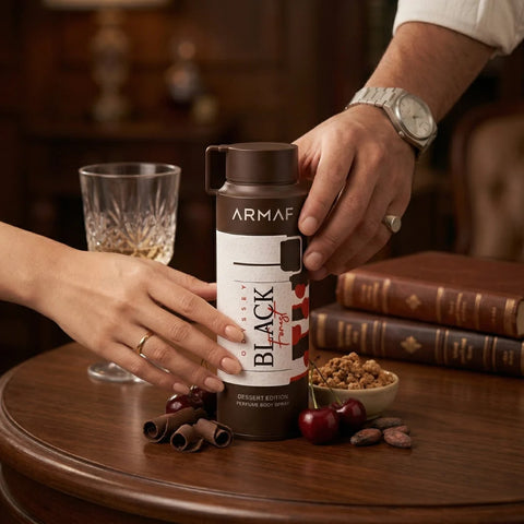 Odyssey Black Forest perfumed body spray by Armaf in 200ml bottle, featuring dark, elegant packaging and a luxurious fragrance.