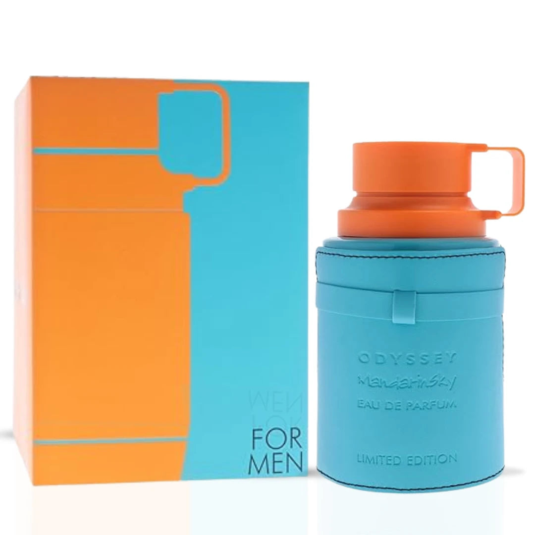 Odyssey Mandarin Sky limited edition Eau de Parfum spray by Armaf, 200ml bottle, featuring a sleek design and vibrant packaging.