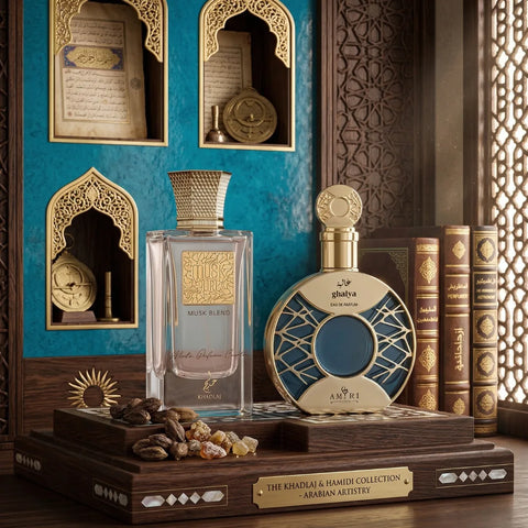Intense Oud Musk and Ghalya Amiri Eau de Parfum bundle, featuring 60ml Musk Pure Musk Blend and 100ml Hamidi sprays, elegant bottles.