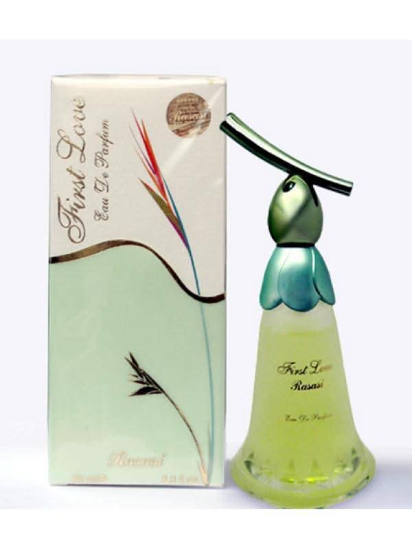 Rasasi First Love for Women EDP 60ml bottle with elegant floral and fruity design, showcasing the perfume's packaging.