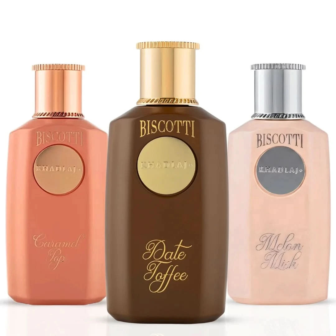 Khadlaj Biscotti Melon Misk, Date Toffee & Caramel Pop Eau de Parfum bundle, 100ml bottles, featuring elegant glass spray bottles.