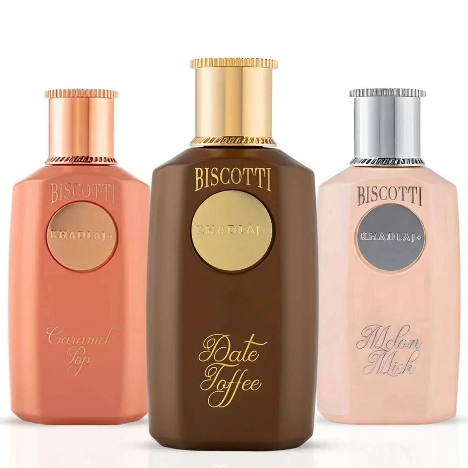 Khadlaj biscotti melon misk, date toffee, and caramel pop eau de parfum sprays bundle, 100ml bottles, with floral and sweet notes.