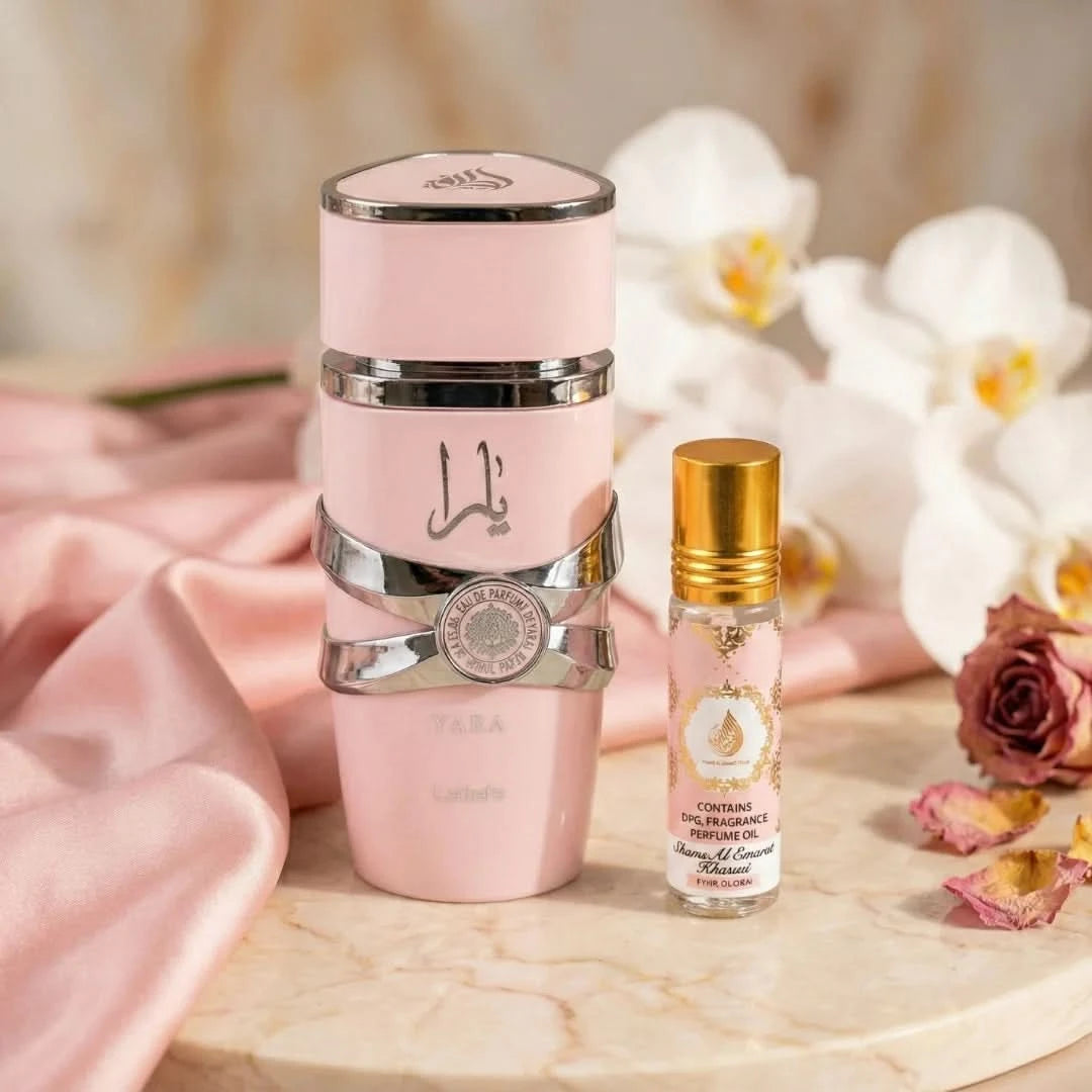 Lattafa perfume bundle with Yara Eau De Parfum spray and Pink Blush Shams Al Emarat roll-on oil, featuring elegant bottles and packaging.
