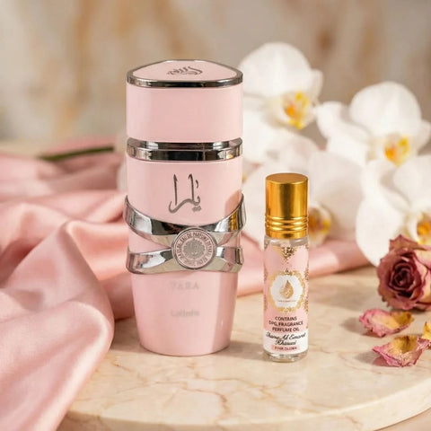 Lattafa perfume bundle with Yara Eau De Parfum spray and Pink Blush Shams Al Emarat roll-on oil, featuring elegant bottles and packaging.