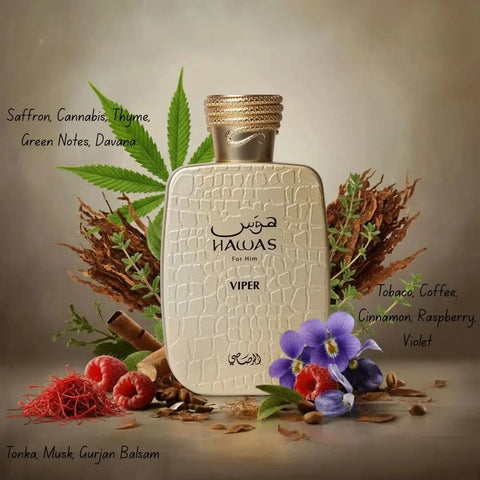 Rasasi Hawas Viper Eau de Parfum spray bottle with velvet pouch, 100ml, featuring sleek design and elegant branding.