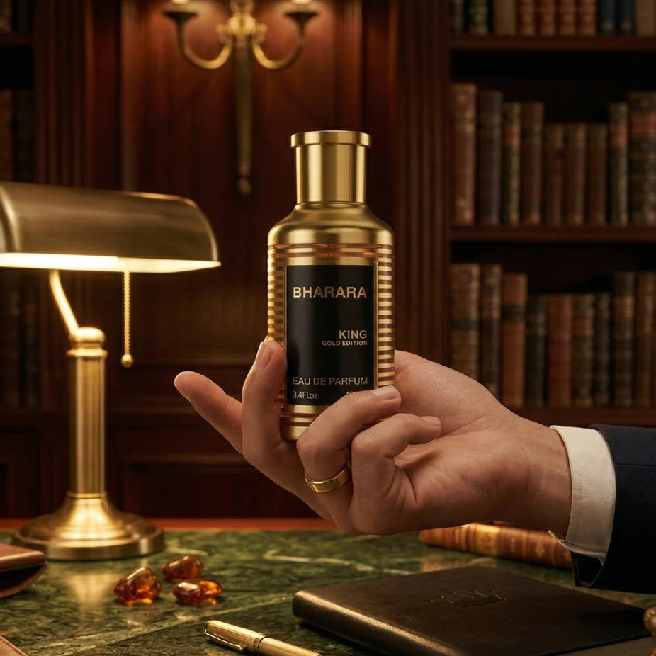 Bharara King Gold Edition Eau de Parfum spray bottle, 100ml, with gold accents and elegant packaging.