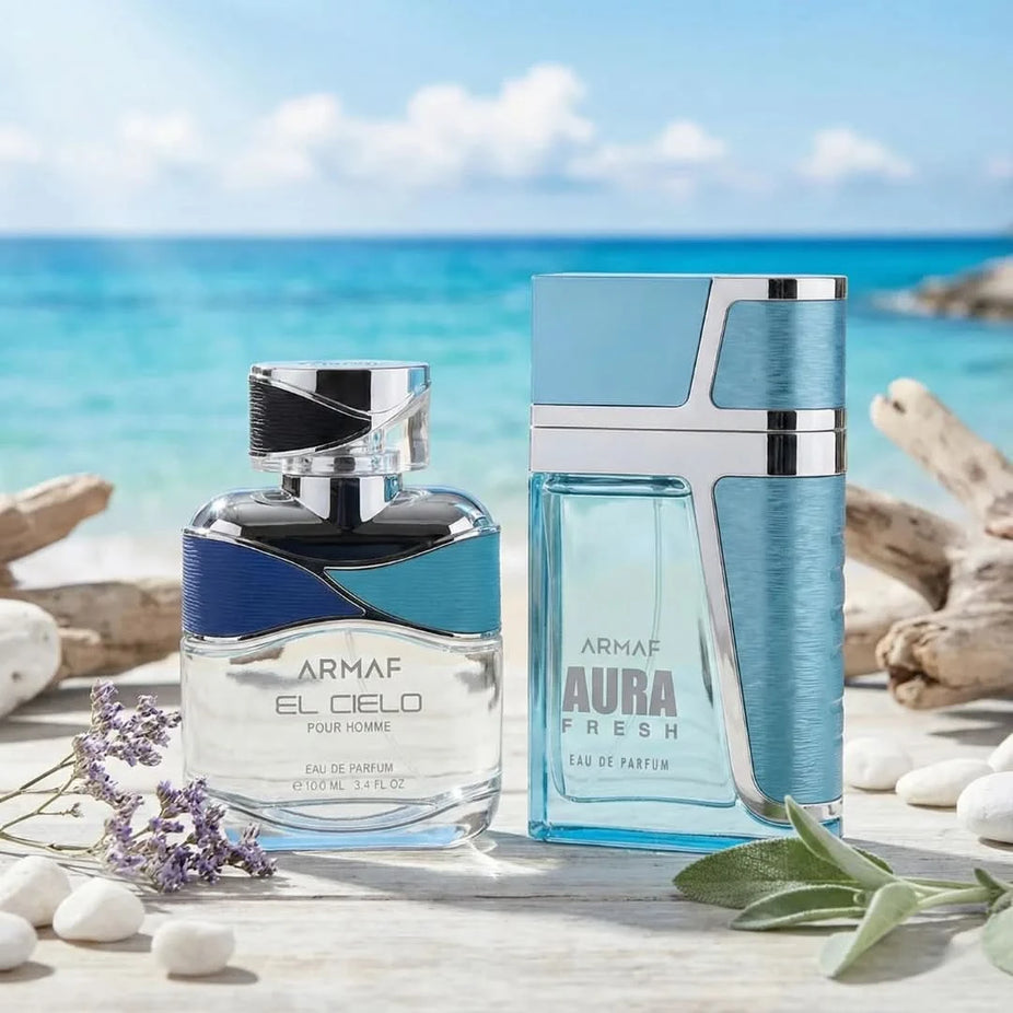 Armaf El Cielo & Aura Fresh Eau de Parfum bundle, 100ml sprays, featuring elegant bottles and sophisticated fragrance designs.