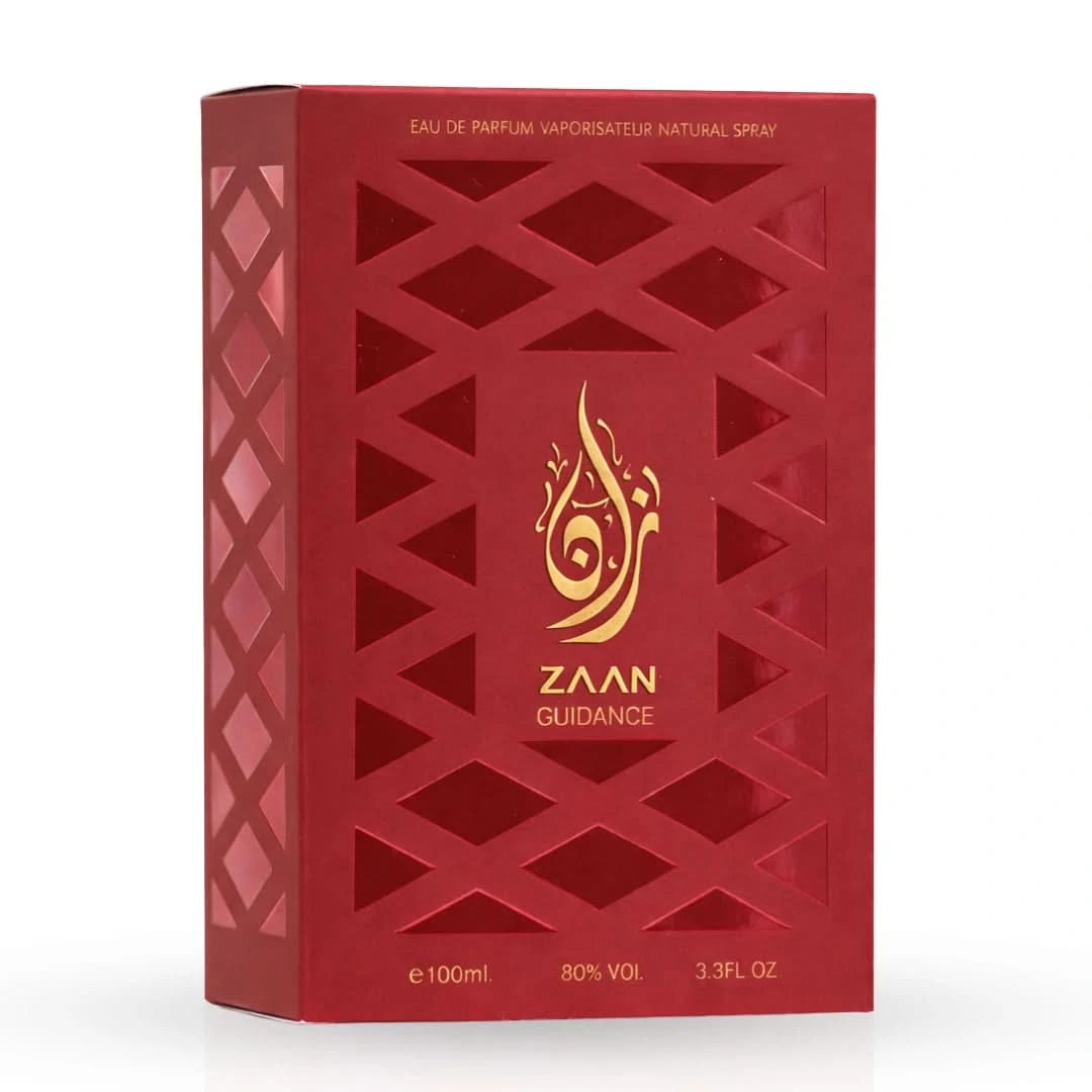 Aura Fragrances Zaan Guidance Eau De Parfum spray 100ml, elegant bottle with a sleek design and floral accents.
