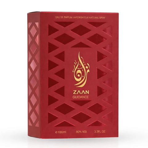 Aura Fragrances Zaan Guidance Eau De Parfum spray 100ml, elegant bottle with a sleek design and floral accents.