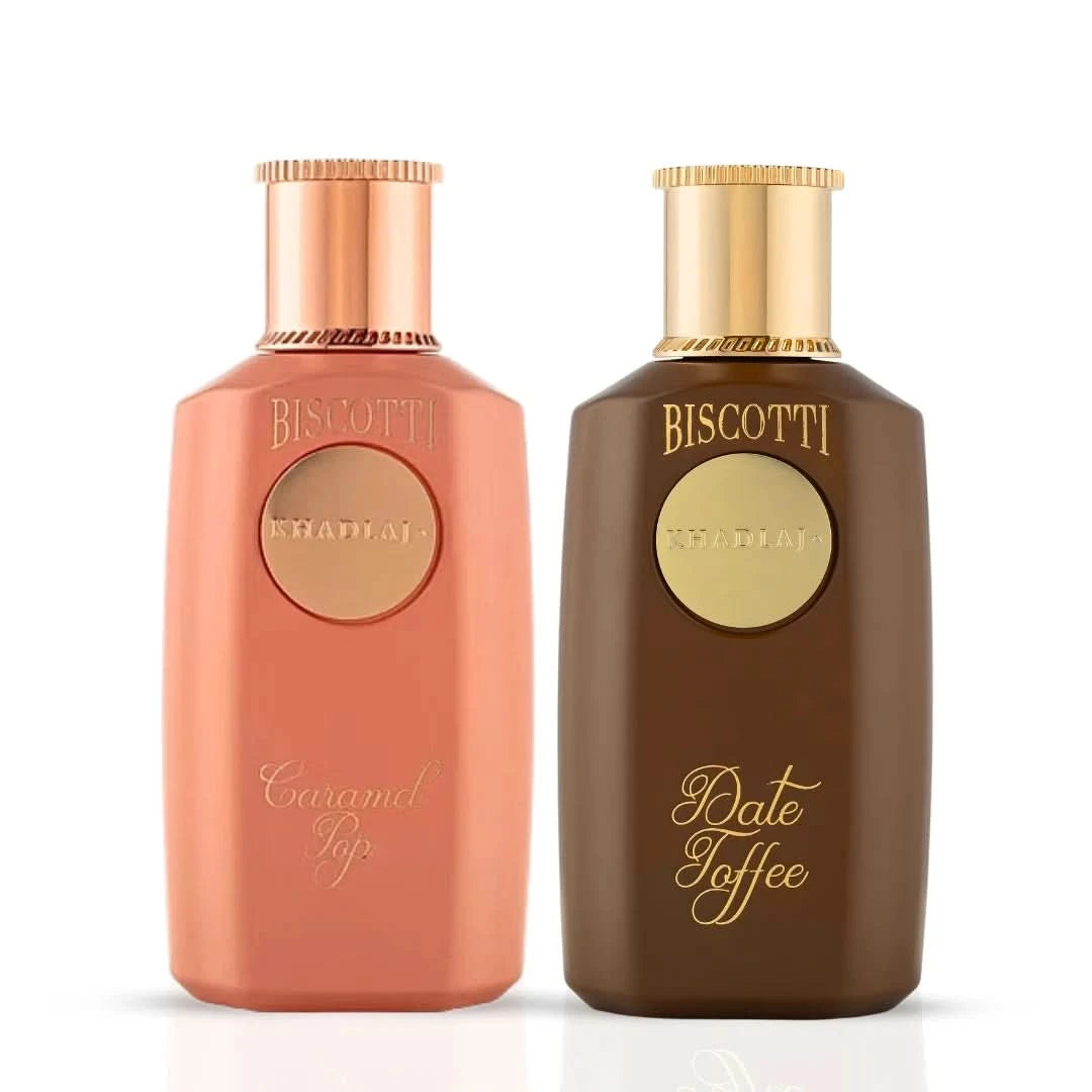 Khadlaj Biscotti Date Toffee & Caramel Pop Eau de Parfum spray bundle, 100ml, featuring warm, sweet fragrance notes.