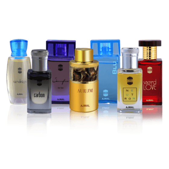 Miniature Series 7-piece fragrance bundle by Ajmal, includes 10ML bottles of for him and her scents with decorative packaging.