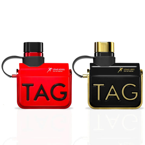 Armaf Tag Uomo Rosso and Nero Eau De Parfum spray bundle, 100ml each, featuring stylish bottles with red and black accents.