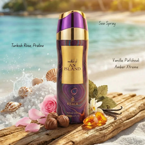 RISALA Island Eau De Parfum spray and perfumed body spray bundle, 100ml and 200ml bottles, with tropical fragrance bottles.