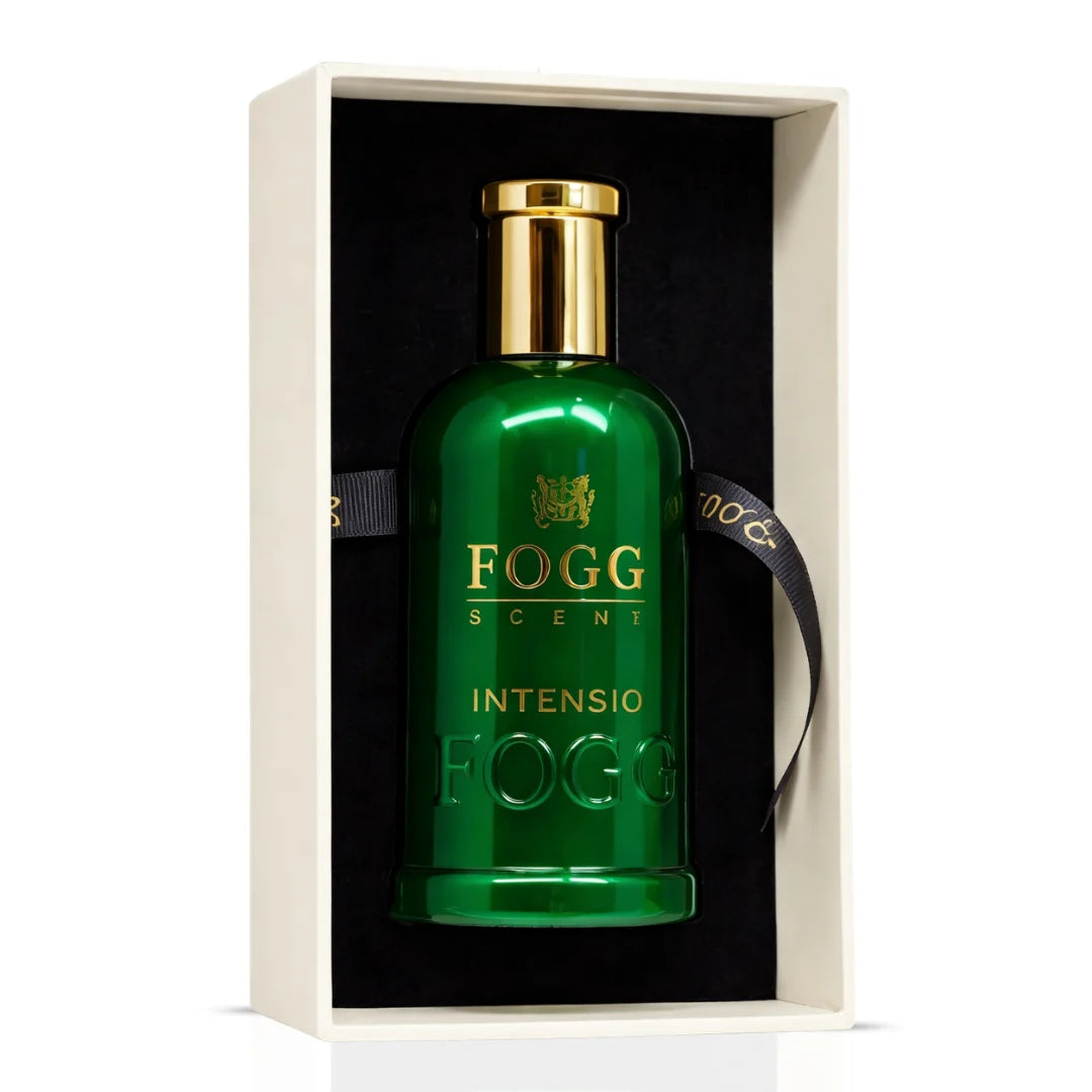 Intensio for Men Eau de Parfum spray by Fogg, 100ml bottle, sleek design and dark packaging, suitable for sophisticated male fragrance.