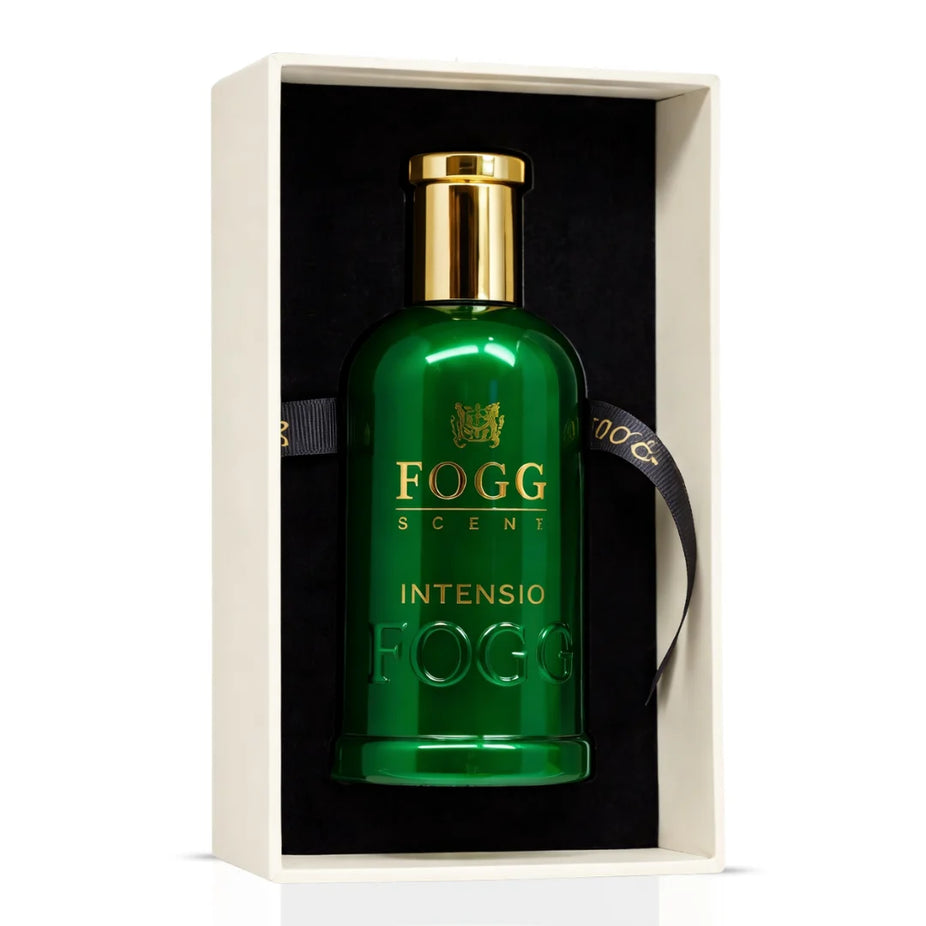 Fogg Intensio for Men Eau de Parfum spray 100ml bottle with sleek design and dark fragrance notes.