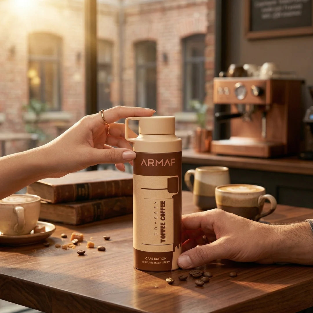 Armaf Odyssey Toffee Coffee perfumed body spray 200ml deodorant bottle with a sleek design and aromatic scent.