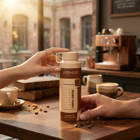 Armaf Odyssey Toffee Coffee perfumed body spray 200ml deodorant bottle with a sleek design and aromatic scent.