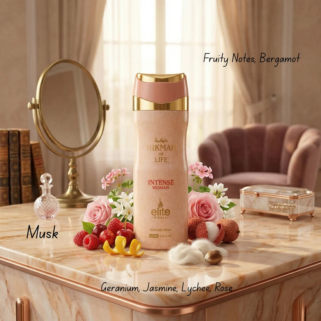 Elite Risala Hikmah Of Life Intense Women Body Spray 200ml deodorant bottle with floral and fruity scent design.