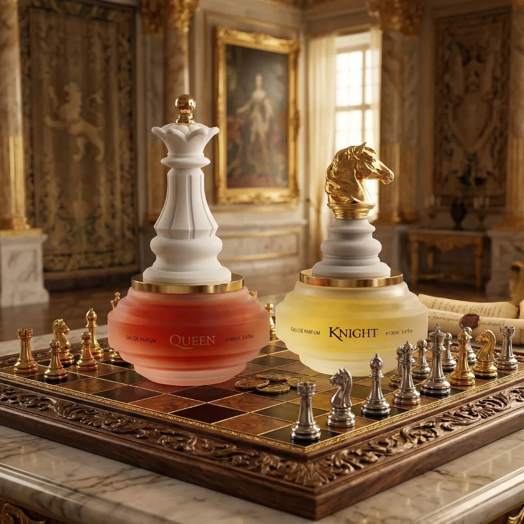 Armaf Checkmate White Knight and Queen Eau de Parfum bundle, 100ml sprays, featuring elegant bottle designs and fragrance details.