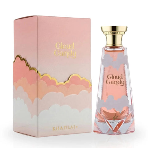 Khadlaj Cloud Candy Eau de Parfum spray 100ml featuring a sleek bottle with a pink and white cloud design.