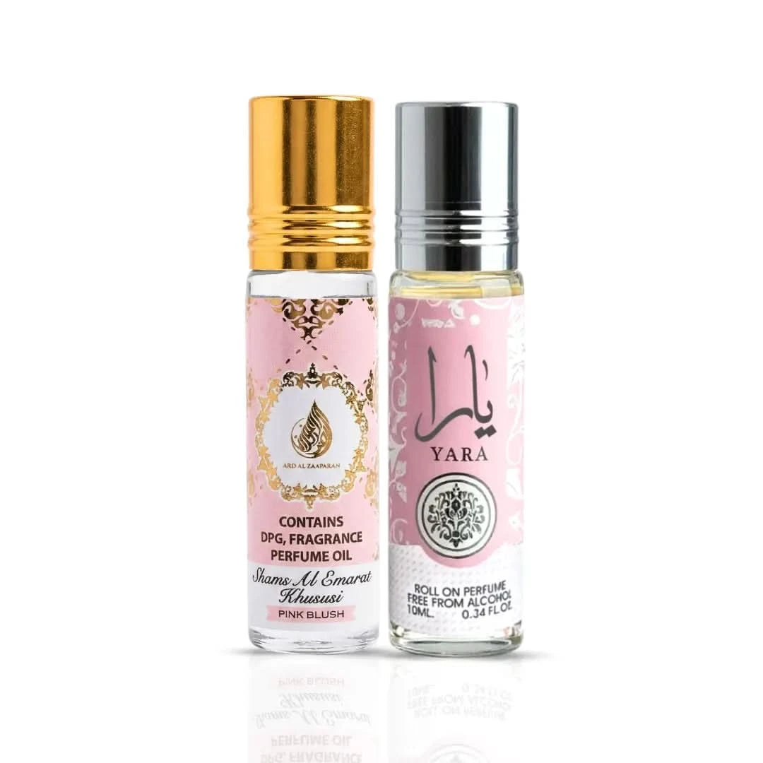Pink Blush Shams Al Emarat and Yara perfume oil bundle by Ard Al Zaafaran, featuring two 10ml concentrated perfume oils.