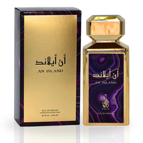 RISALA Island Eau De Parfum spray and perfumed body spray bundle, 100ml and 200ml bottles, with tropical-themed packaging.