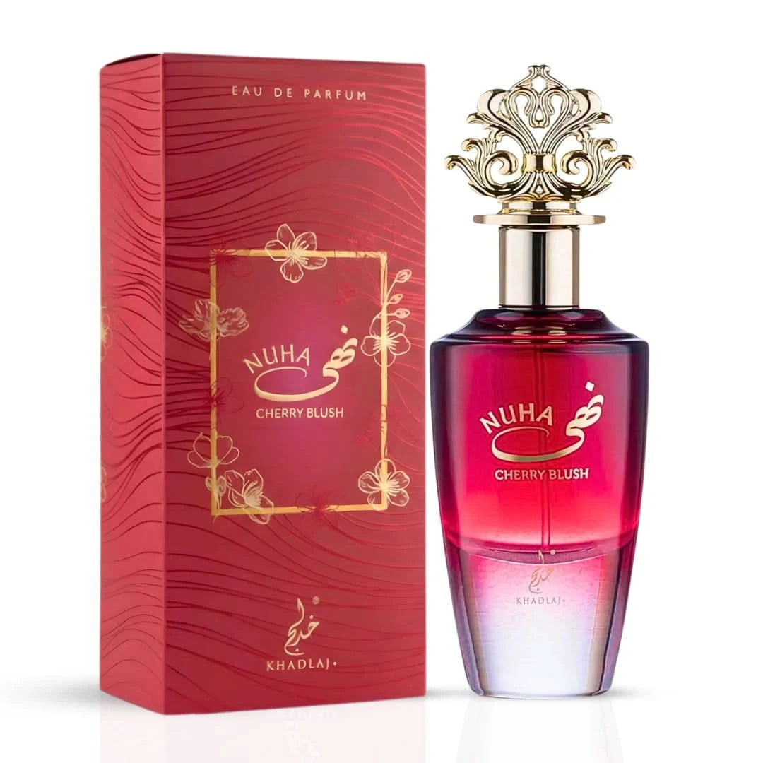 Khadlaj Nuha Cherry Blush and Vanilla Pearl Eau de Parfum Spray bundle, 85ml, featuring floral and fruity fragrance bottles.