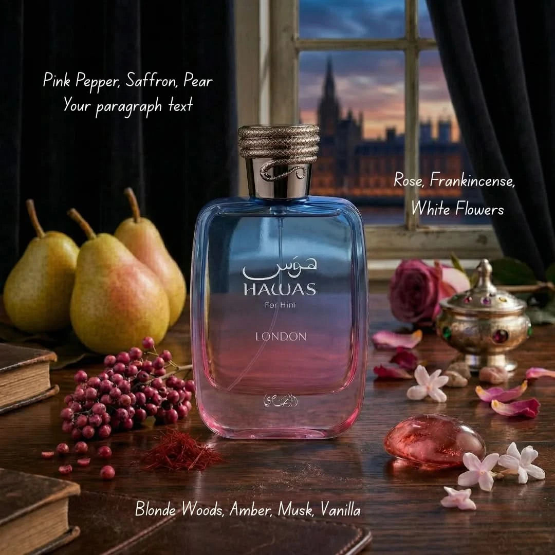 Hawas London Eau De Parfum spray by Rasasi, 100ml, featuring a sleek bottle with elegant design and branding.