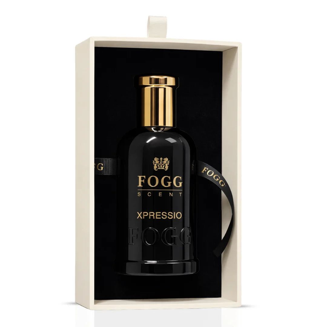 Fogg Xpressio for Men Eau de Parfum spray 100ml bottle with sleek design and silver cap, shown on a plain background.