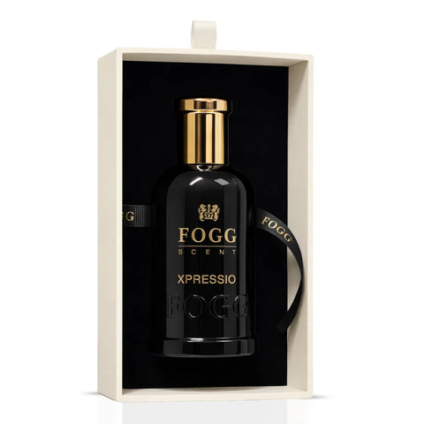 Fogg Xpressio for Men Eau de Parfum spray 100ml bottle with sleek design and silver cap, shown on a plain background.