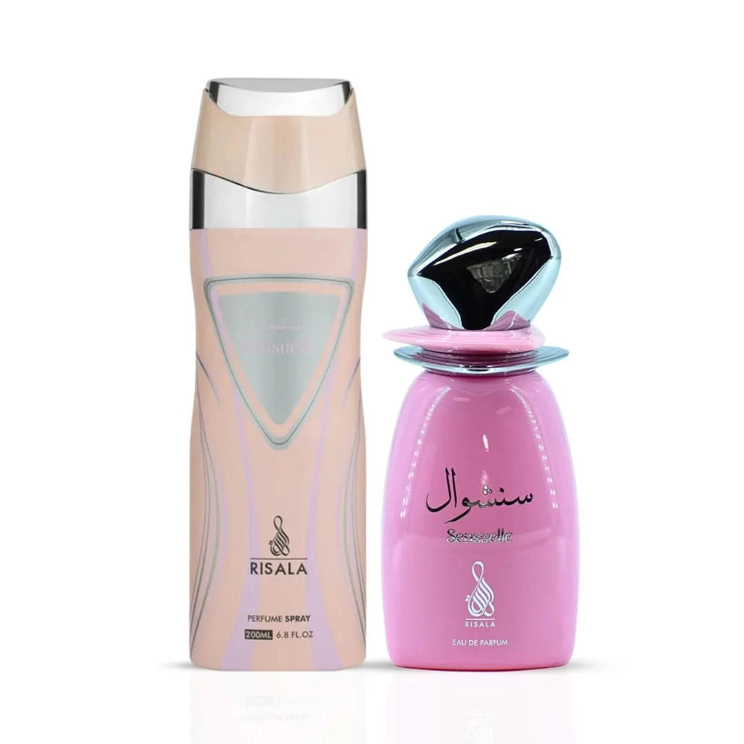 RISALA Sensuelle Eau de Parfum spray and perfumed body spray bundle, 100ml and 200ml bottles with elegant packaging