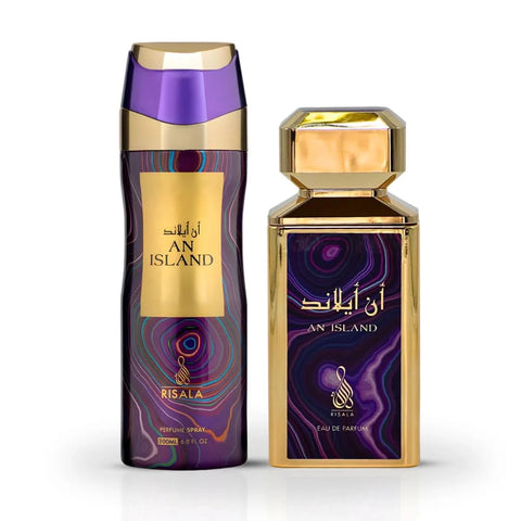 RISALA Island Eau De Parfum Spray and Body Spray bundle, 100ml and 200ml, featuring tropical scent bottles on a neutral background.