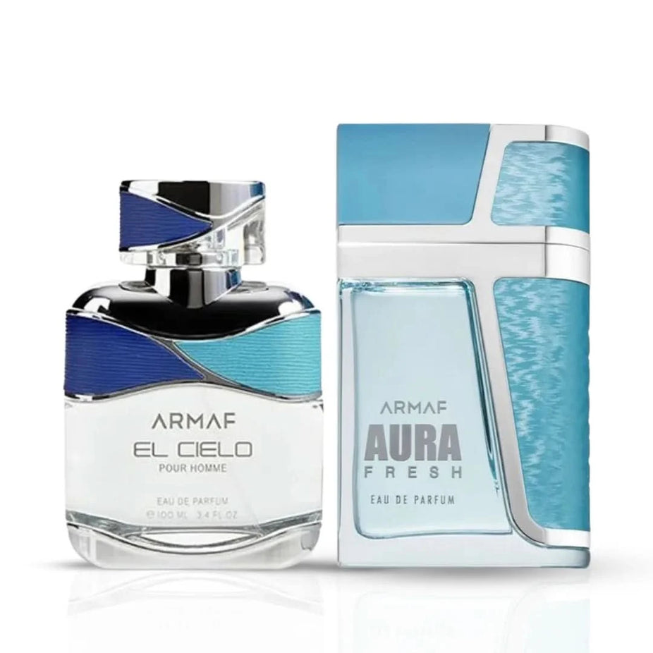 Bundle of two 100ml Armaf El Cielo & Aura Fresh Eau de Parfum sprays, showcasing sleek glass bottles with elegant fragrance labels.