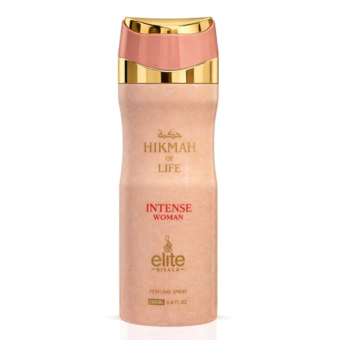 Hikmah Of Life Intense Women Body Spray by RISALA, 200ml deodorant bottle with floral and fresh scent design.