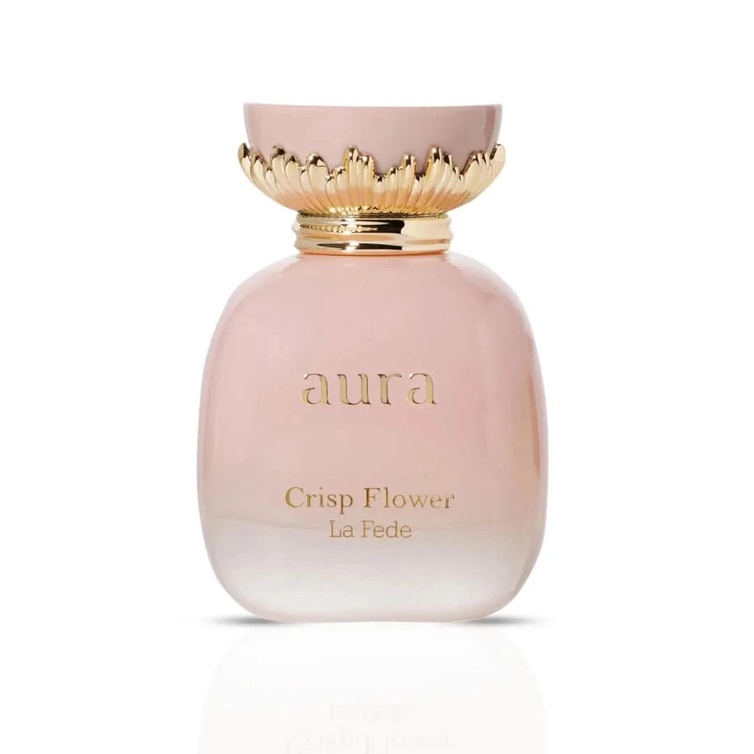 Khadlaj La Fede Aura Crisp Flower Eau De Parfum spray bottle, 100ml, featuring floral design and elegant packaging.