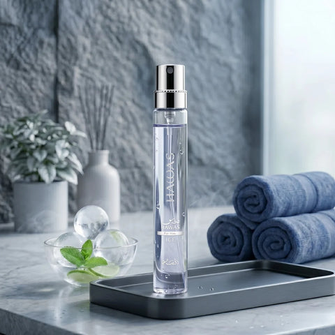 Hawas Ice 3-piece perfume gift set by Rasasi featuring bottles with elegant designs and matching packaging.