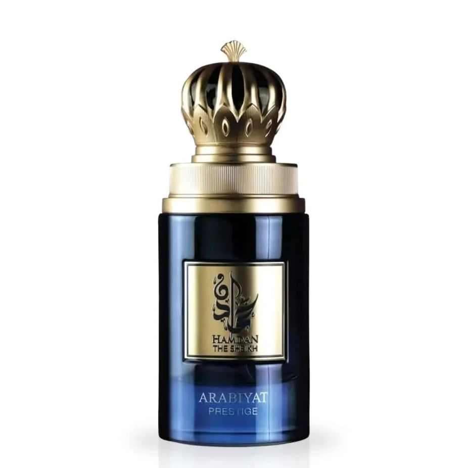 Arabiyat Prestige Hamdan The Sheikh Eau de Parfum spray 75ml, elegant bottle with gold accents and Arabic-inspired design.