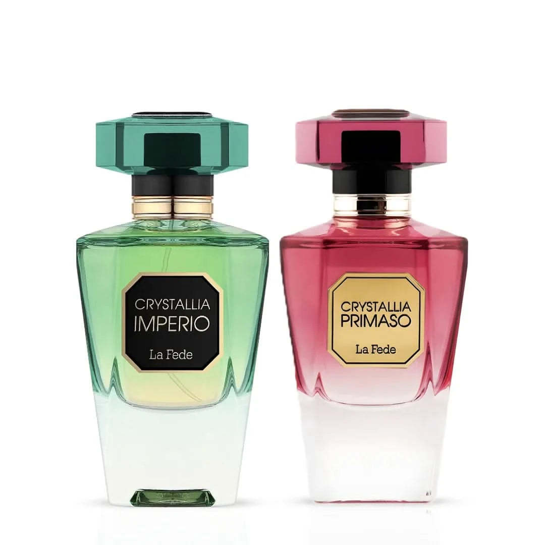 Khadlaj La Fede Crystallia Imperio and Primaso Eau de Parfum spray bundle, 100ml bottles, elegant fragrance packaging, natural lighting