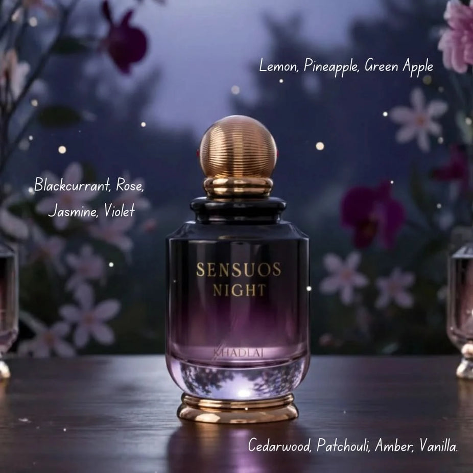 Sensuos Night Eau de Parfum spray by Khadlaj, 100ml bottle, elegant floral and oriental fragrance in a sleek bottle.