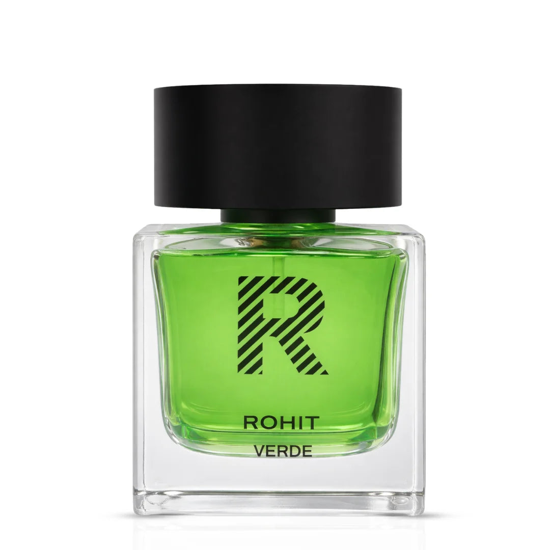 Bharara Rohit Verde Eau de Parfum spray 100ml, featuring a sleek bottle with green accents and elegant packaging.