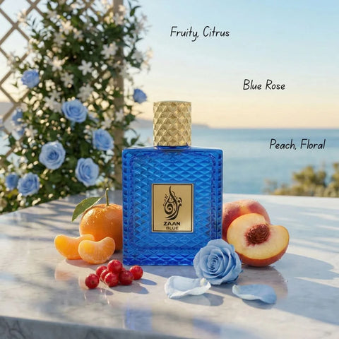 Aura Fragrances Zaan Blue Eau De Parfum spray in 100ml bottle, showcasing elegant packaging and design.