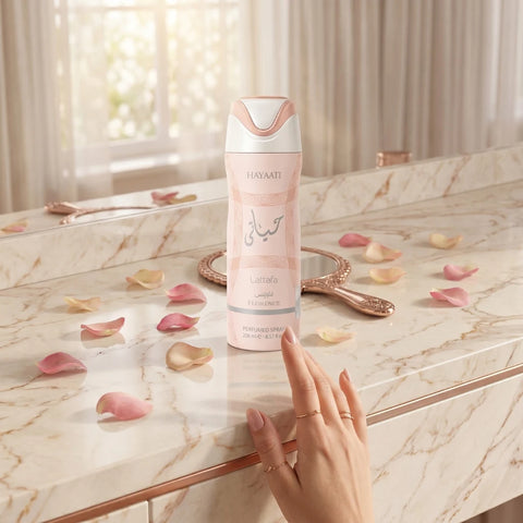 Lattafa Hayaati Florence deodorant spray bottle, 200ml, with floral and fresh scent, shown in a sleek packaging design.