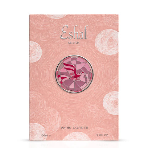 Eshal Musk Eau De Parfum spray by Paris Corner, 100ml, featuring elegant bottle design with soft pastel accents.