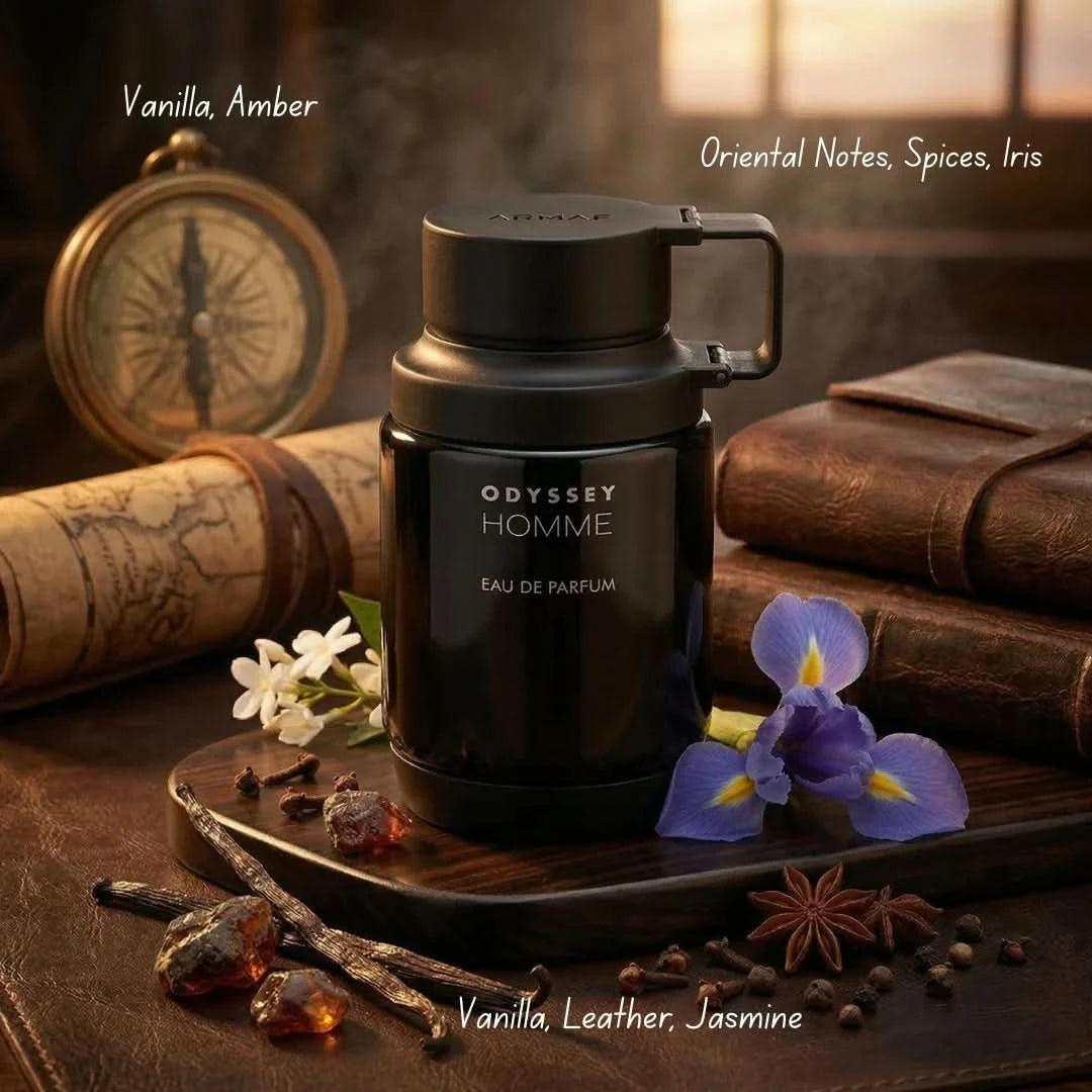Odyssey Homme Black Eau de Parfum Spray by Armaf, 200ml, featuring sleek black bottle and sophisticated fragrance design.