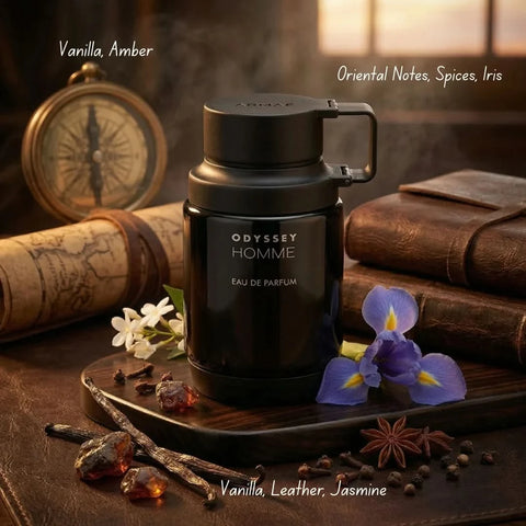 Odyssey Homme Black Eau de Parfum Spray by Armaf, 200ml, featuring sleek black bottle and sophisticated fragrance design.