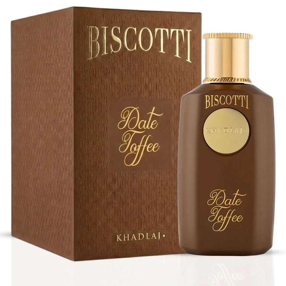 Khadlaj Biscotti Melon Misk, Date Toffee & Caramel Pop Eau de Parfum Spray bundle, 100ml bottles with elegant packaging.