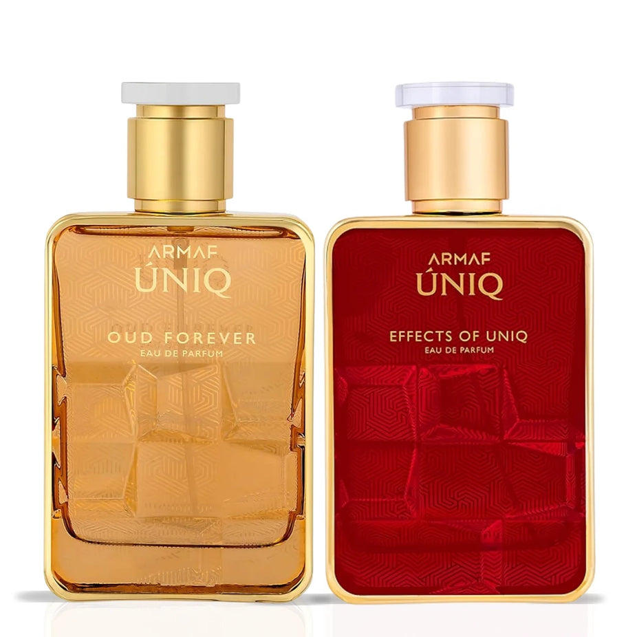 Armaf Uniq & Uniq Oud Forever Eau De Parfum spray bundle, 100ml, featuring elegant glass bottles with floral and woody fragrance themes.