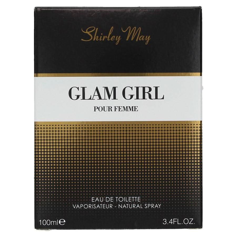 Shirley May Glam Girl for Women EDT 100ml with pouch, featuring a sleek perfume bottle and floral design.