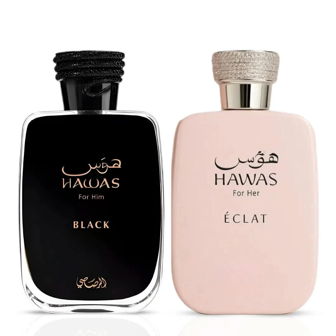Rasasi Hawas Black and Hawas For Her Eclat Eau de Parfum bundle, 100ml spray bottles, with elegant fragrance bottles.